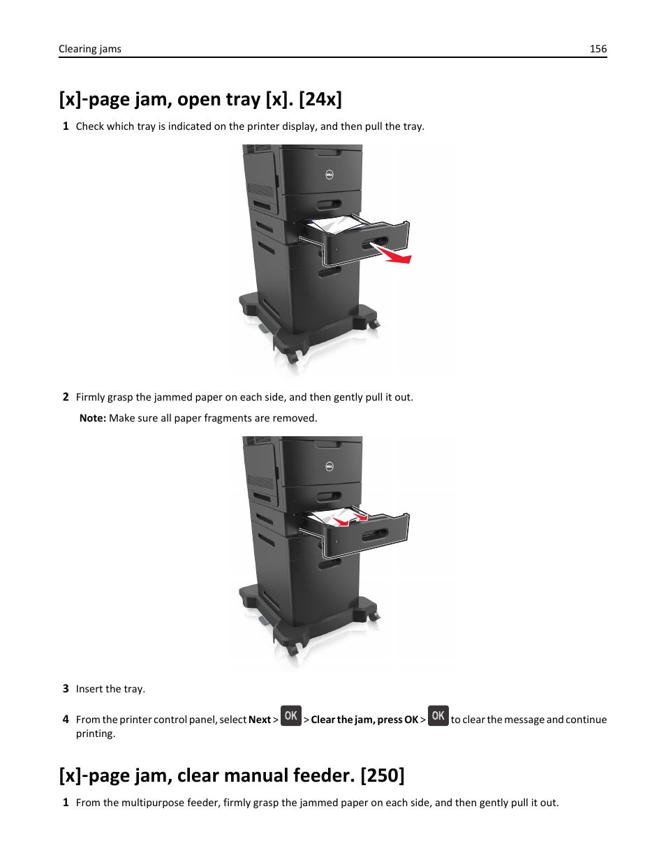 X] ‑ page jam, open tray [x]. [24x, X] ‑ page jam, clear manual feeder. [250 | Dell B5460dn Mono Laser Printer User Manual | Page 156 / 226