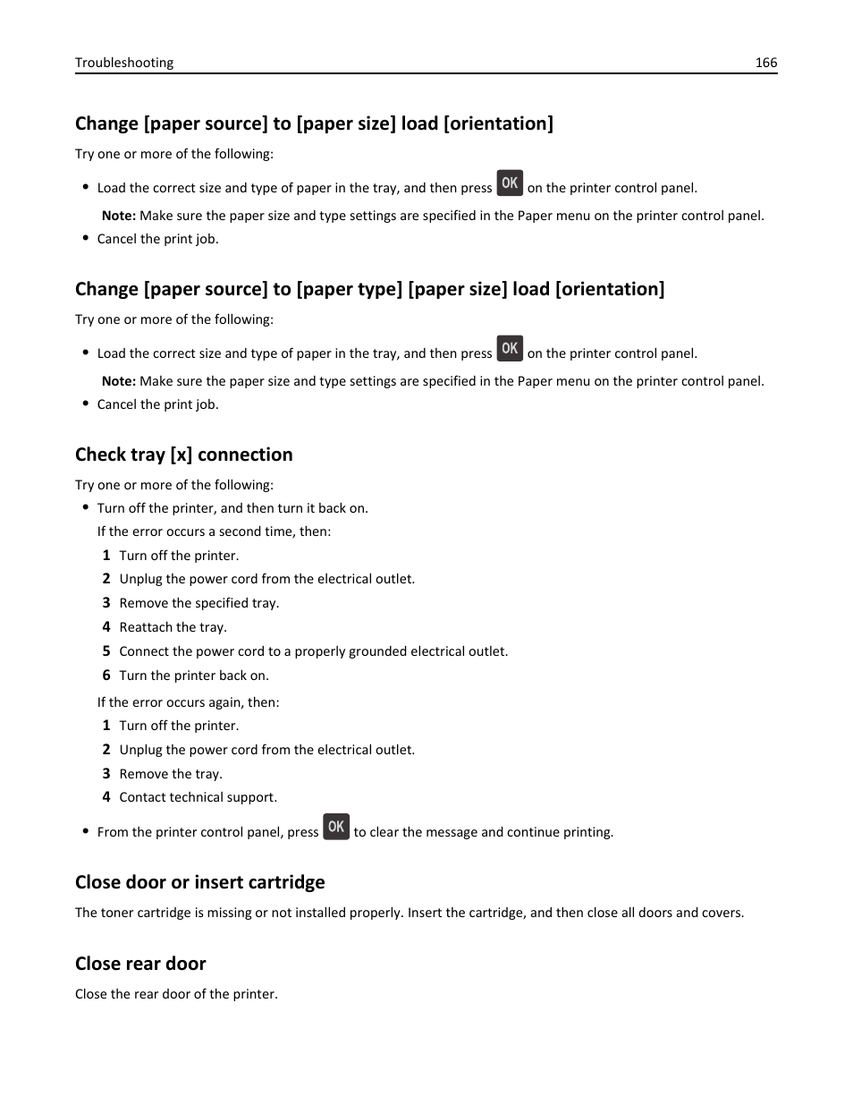 Check tray [x] connection, Close door or insert cartridge, Close rear door | Dell B5460dn Mono Laser Printer User Manual | Page 166 / 226