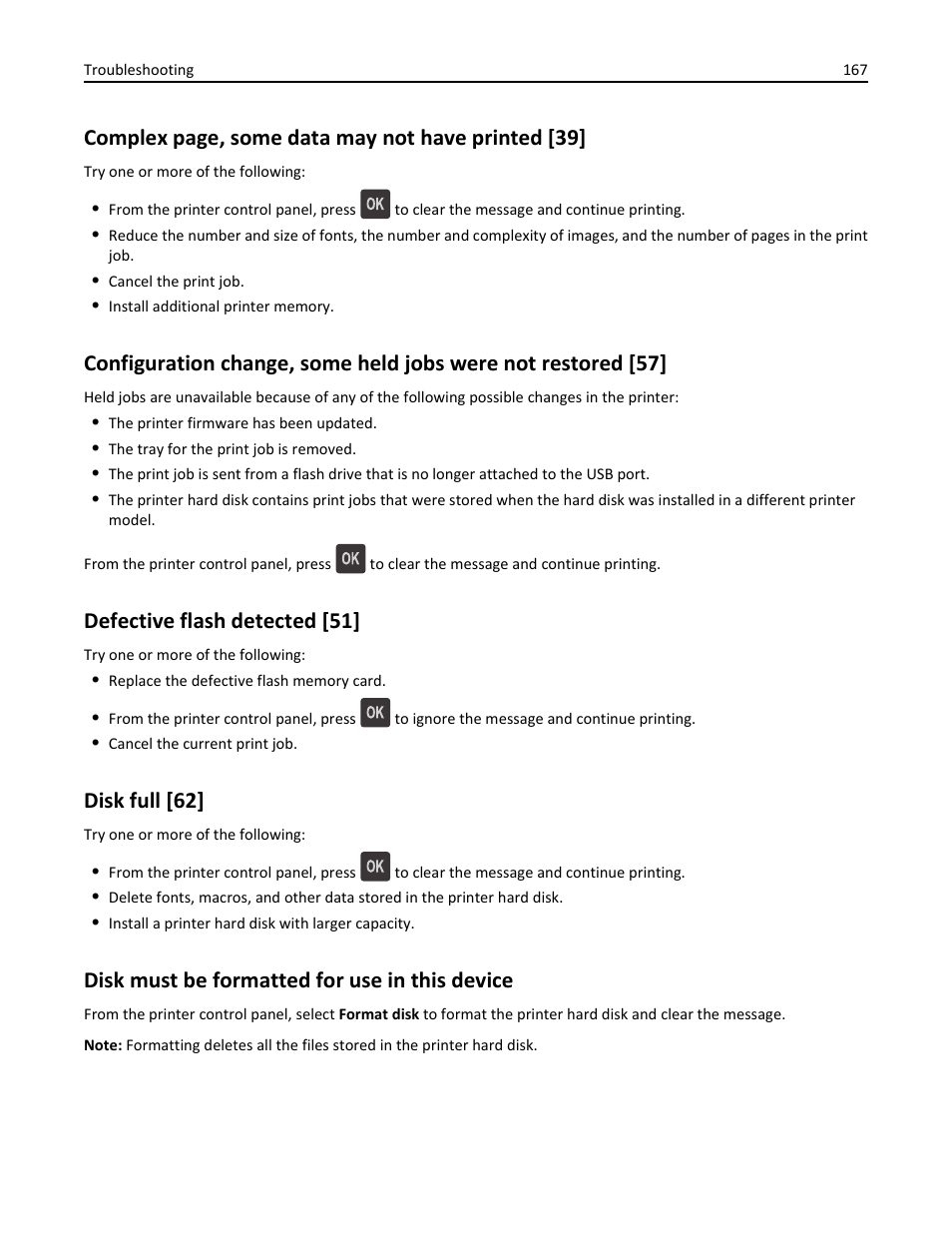 Defective flash detected [51, Disk full [62, Disk must be formatted for use in this device | Complex page, some data may not have printed [39 | Dell B5460dn Mono Laser Printer User Manual | Page 167 / 226