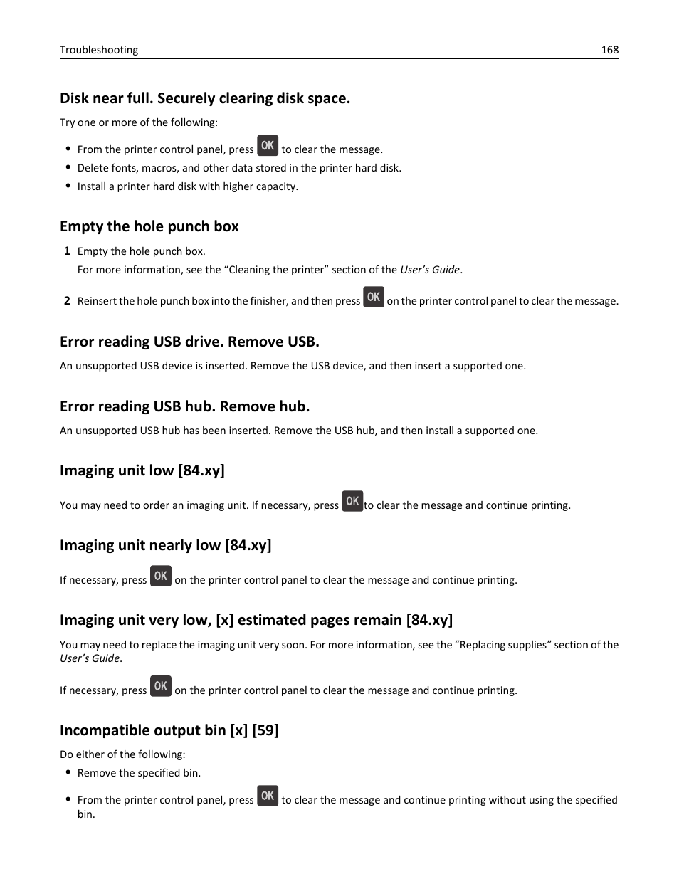 Disk near full. securely clearing disk space, Empty the hole punch box, Error reading usb drive. remove usb | Error reading usb hub. remove hub, Imaging unit low [84.xy, Imaging unit nearly low [84.xy, Incompatible output bin [x] [59 | Dell B5460dn Mono Laser Printer User Manual | Page 168 / 226