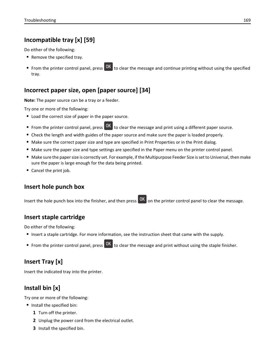 Incompatible tray [x] [59, Incorrect paper size, open [paper source] [34, Insert hole punch box | Insert staple cartridge, Insert tray [x, Install bin [x | Dell B5460dn Mono Laser Printer User Manual | Page 169 / 226