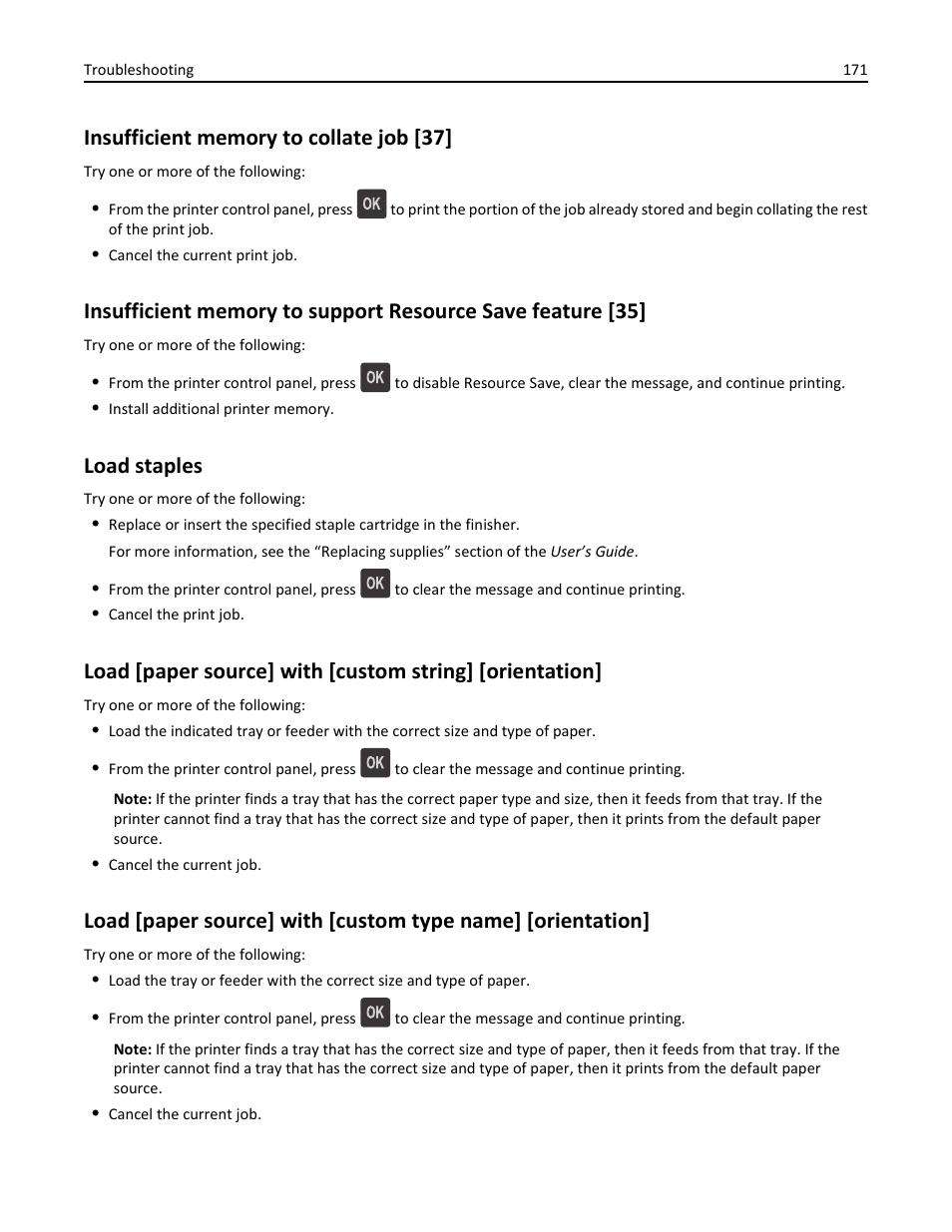 Insufficient memory to collate job [37, Load staples | Dell B5460dn Mono Laser Printer User Manual | Page 171 / 226