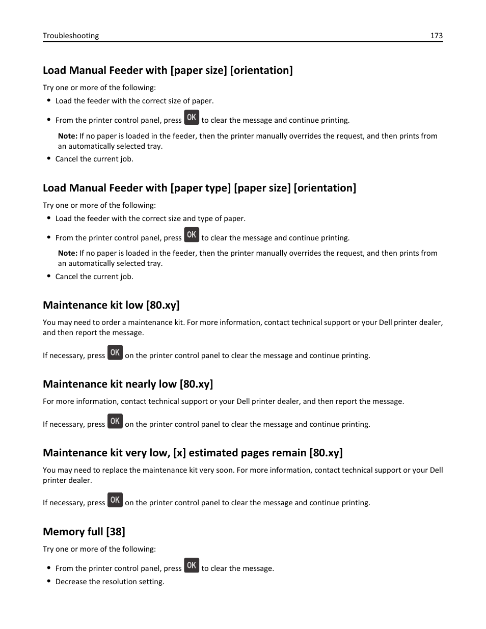 Load manual feeder with [paper size] [orientation, Maintenance kit low [80.xy, Maintenance kit nearly low [80.xy | Memory full [38 | Dell B5460dn Mono Laser Printer User Manual | Page 173 / 226