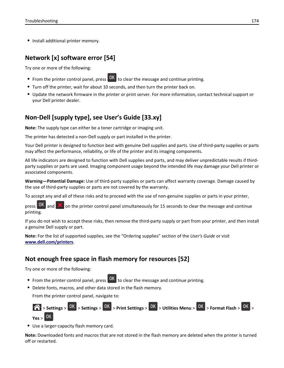 Network [x] software error [54, Non-dell [supply type], see user’s guide [33.xy, Non ‑ dell [supply type], see user’s guide [33.xy | Dell B5460dn Mono Laser Printer User Manual | Page 174 / 226