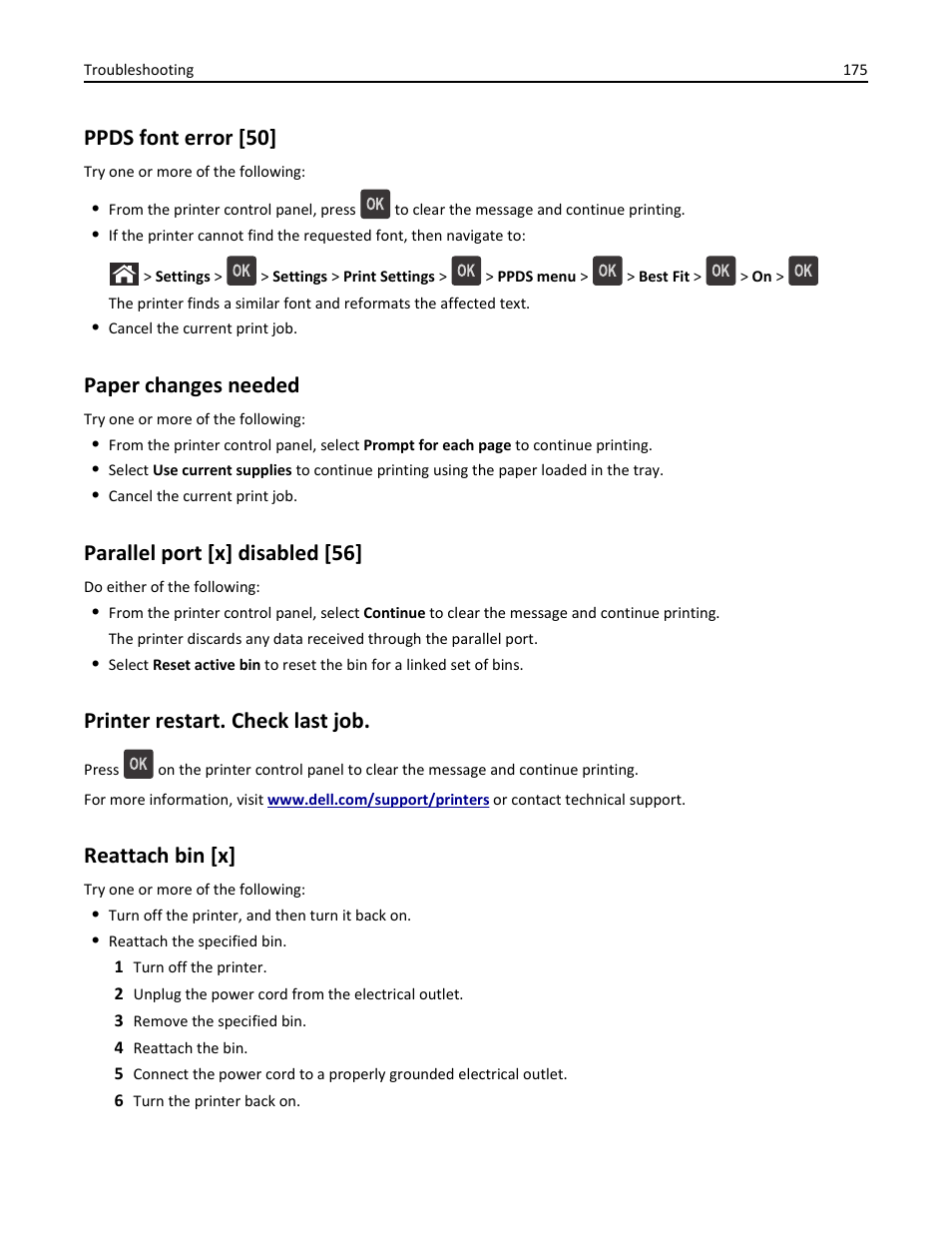 Ppds font error [50, Paper changes needed, Parallel port [x] disabled [56 | Printer restart. check last job, Reattach bin [x | Dell B5460dn Mono Laser Printer User Manual | Page 175 / 226