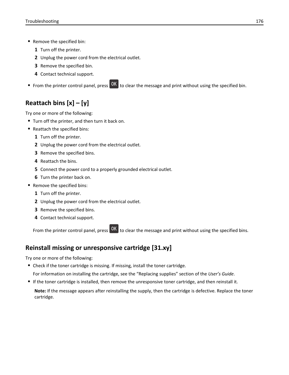 Reattach bins [x] – [y, Reinstall missing or unresponsive cartridge [31.xy | Dell B5460dn Mono Laser Printer User Manual | Page 176 / 226