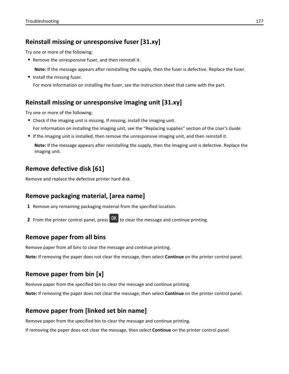 Reinstall missing or unresponsive fuser [31.xy, Remove defective disk [61, Remove packaging material, [area name | Remove paper from all bins, Remove paper from bin [x, Remove paper from [linked set bin name | Dell B5460dn Mono Laser Printer User Manual | Page 177 / 226