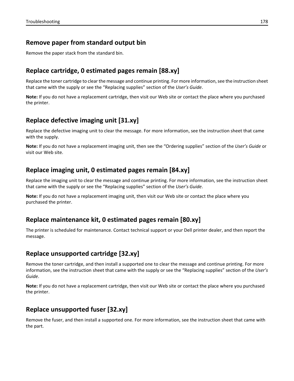 Remove paper from standard output bin, Replace defective imaging unit [31.xy, Replace unsupported cartridge [32.xy | Replace unsupported fuser [32.xy, Replace cartridge, 0 estimated pages remain [88.xy | Dell B5460dn Mono Laser Printer User Manual | Page 178 / 226