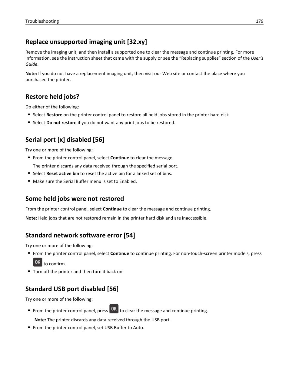 Replace unsupported imaging unit [32.xy, Restore held jobs, Serial port [x] disabled [56 | Some held jobs were not restored, Standard network software error [54, Standard usb port disabled [56 | Dell B5460dn Mono Laser Printer User Manual | Page 179 / 226