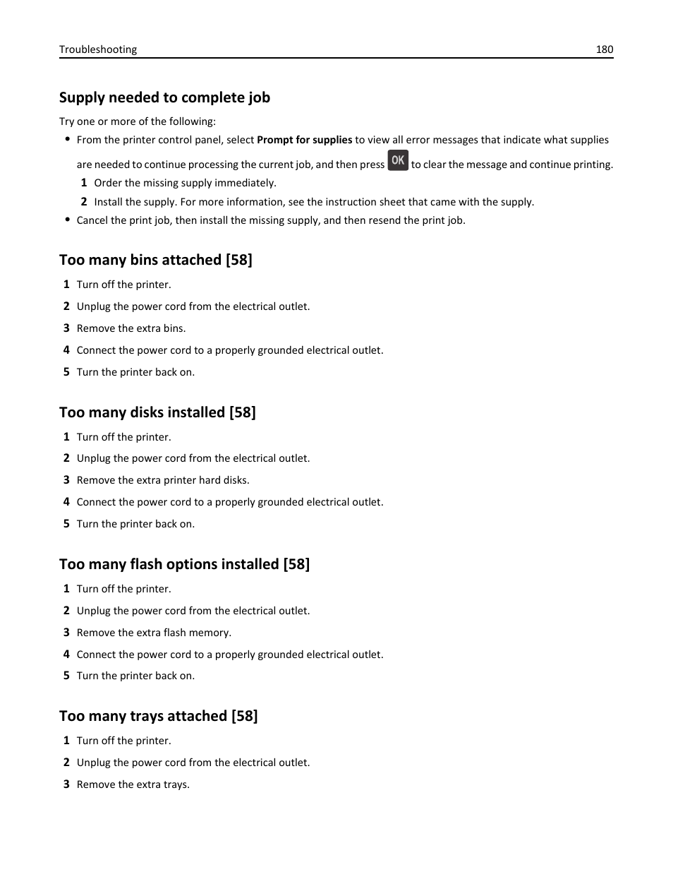 Supply needed to complete job, Too many bins attached [58, Too many disks installed [58 | Too many flash options installed [58, Too many trays attached [58 | Dell B5460dn Mono Laser Printer User Manual | Page 180 / 226