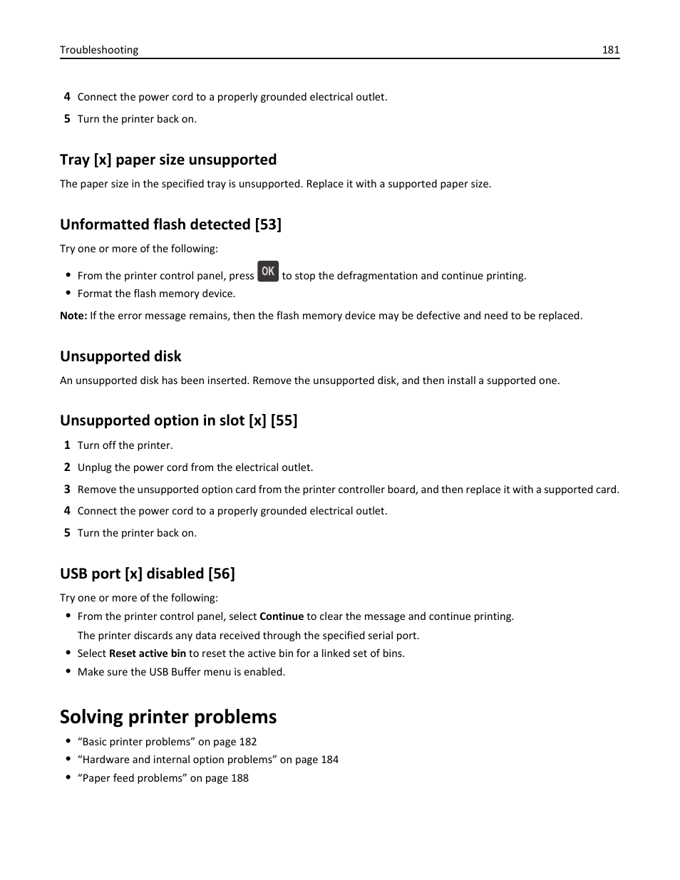 Tray [x] paper size unsupported, Unformatted flash detected [53, Unsupported disk | Unsupported option in slot [x] [55, Usb port [x] disabled [56, Solving printer problems | Dell B5460dn Mono Laser Printer User Manual | Page 181 / 226