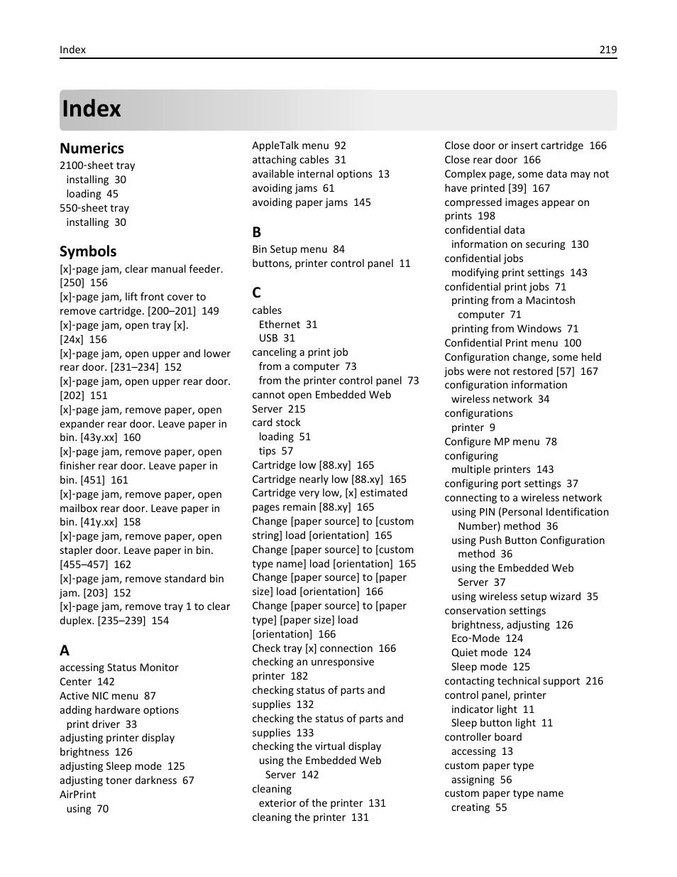 Index, Numerics, Symbols | Dell B5460dn Mono Laser Printer User Manual | Page 219 / 226