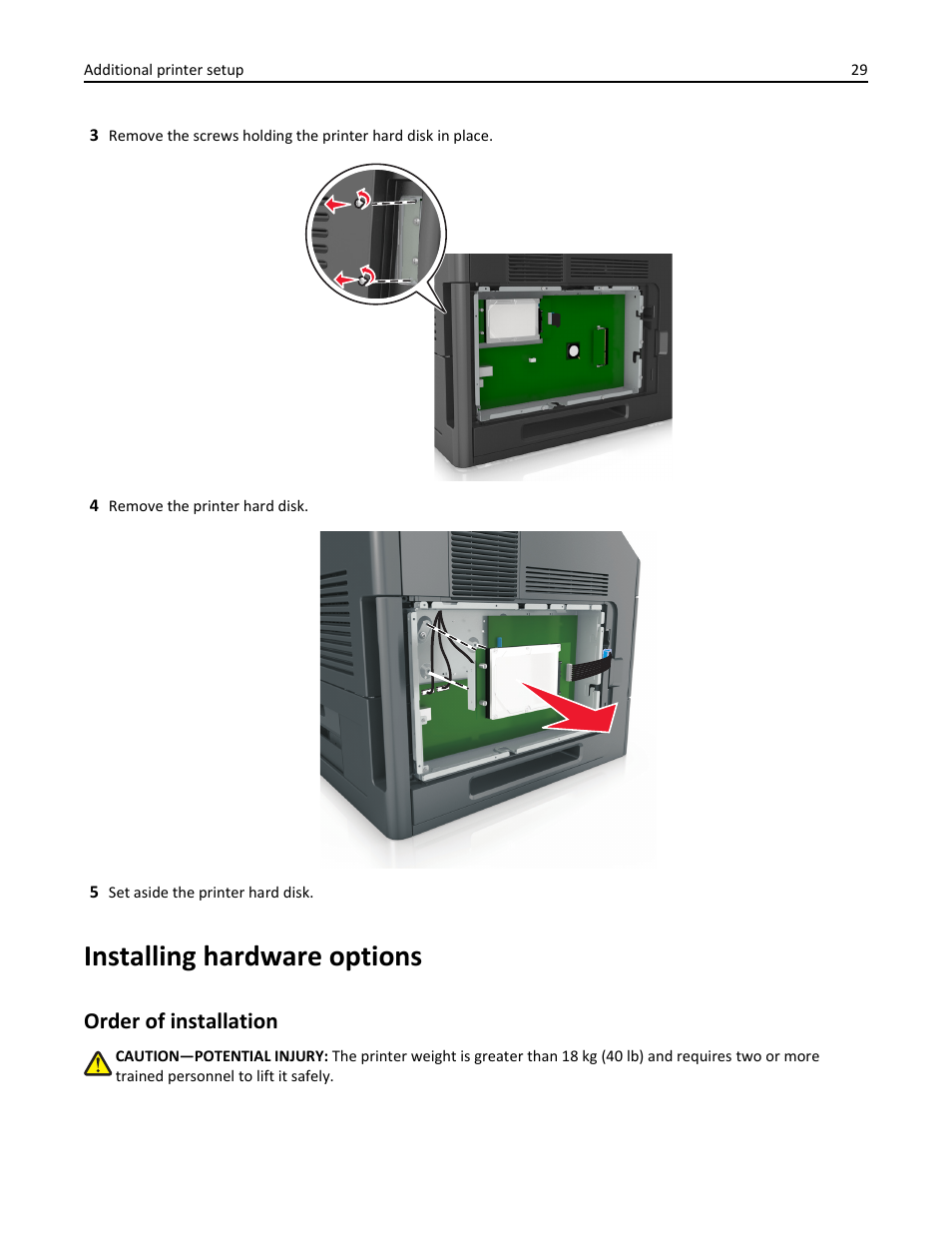 Installing hardware options, Order of installation | Dell B5460dn Mono Laser Printer User Manual | Page 29 / 226