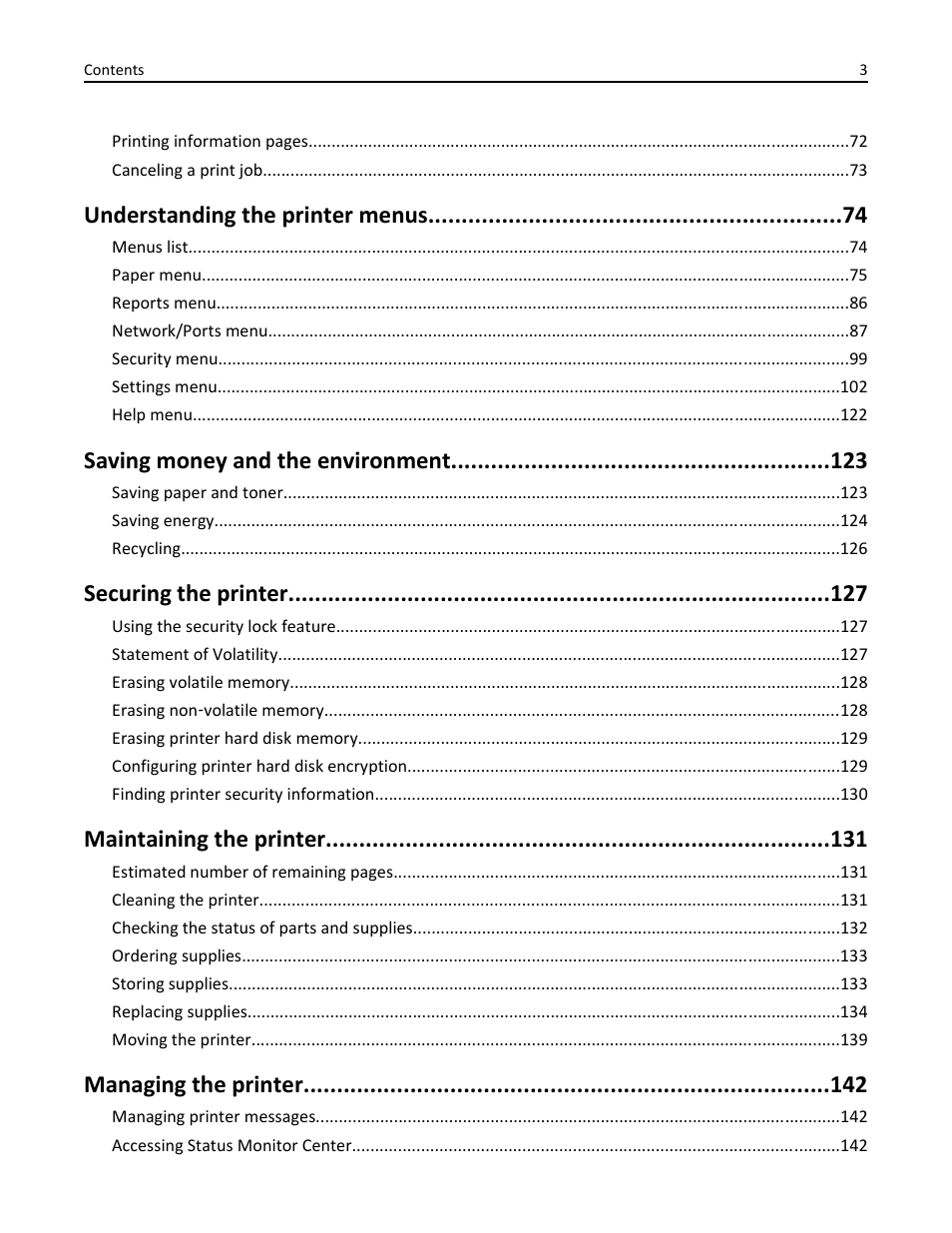 Understanding the printer menus, Saving money and the environment, Securing the printer | Maintaining the printer, Managing the printer | Dell B5460dn Mono Laser Printer User Manual | Page 3 / 226