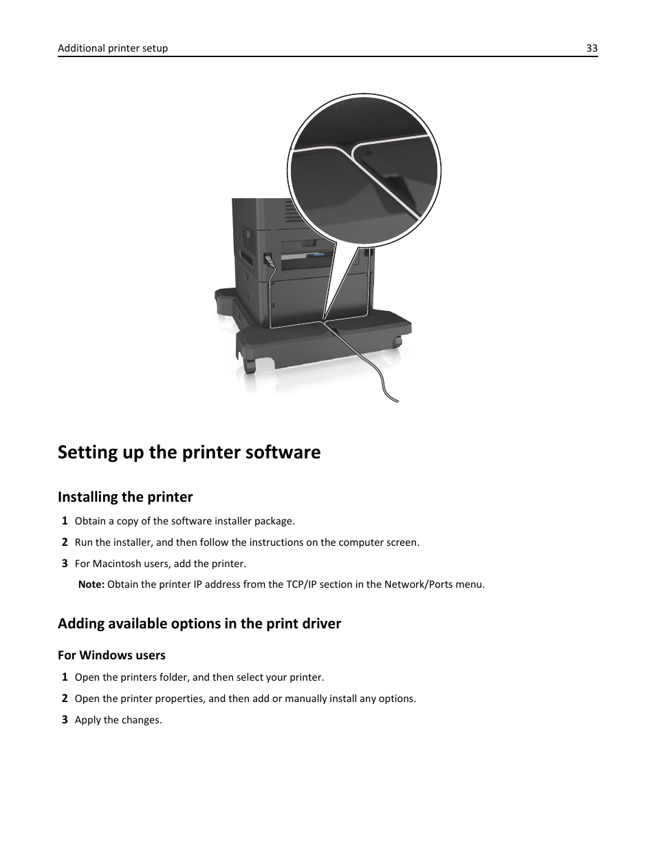 Setting up the printer software, Installing the printer, Adding available options in the print driver | Dell B5460dn Mono Laser Printer User Manual | Page 33 / 226