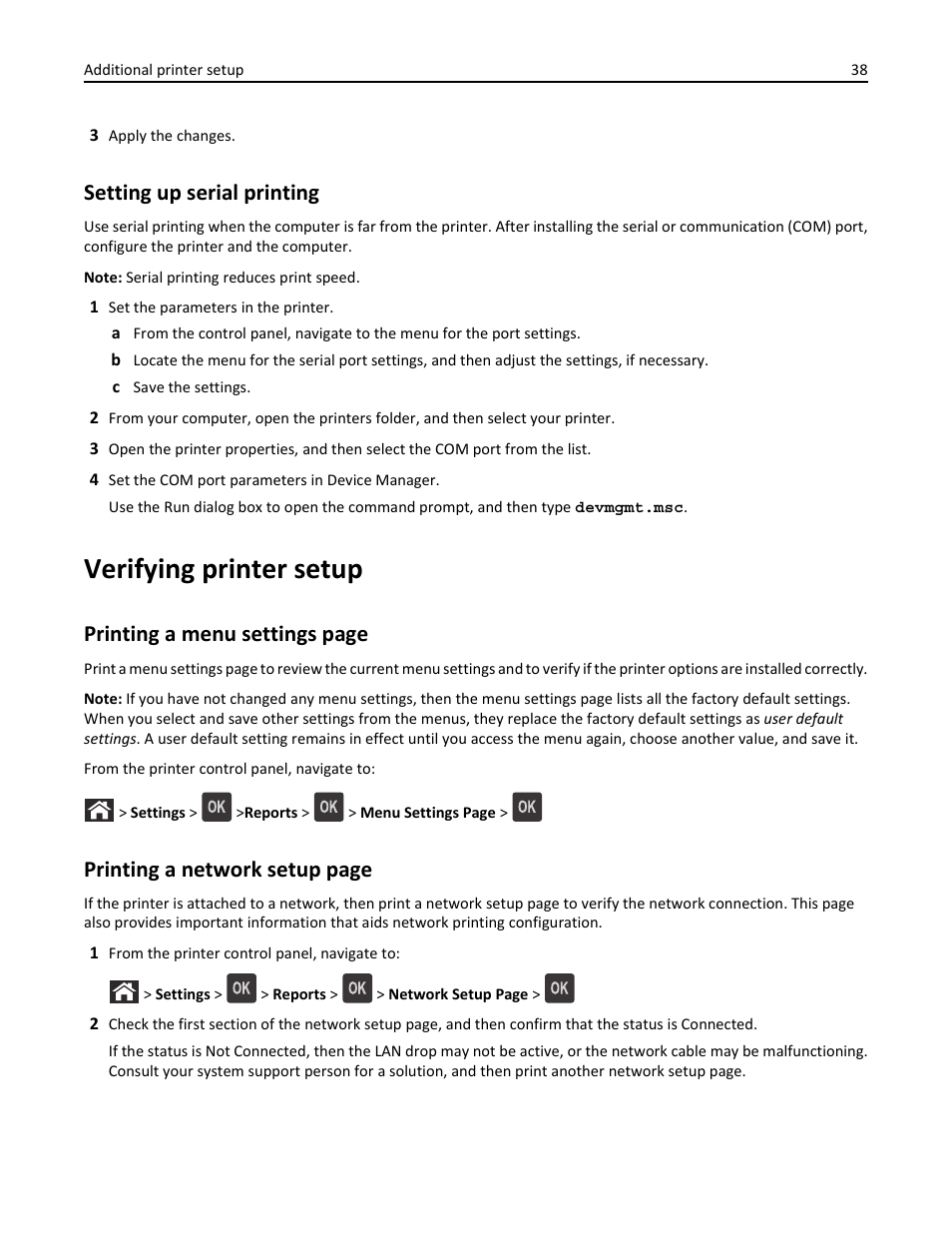 Setting up serial printing, Verifying printer setup, Printing a menu settings page | Printing a network setup page | Dell B5460dn Mono Laser Printer User Manual | Page 38 / 226