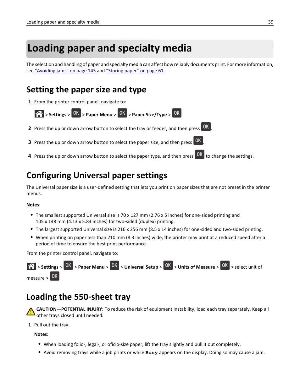 Loading paper and specialty media, Setting the paper size and type, Configuring universal paper settings | Loading the 550-sheet tray, Loading the 550, Sheet tray, Loading the 550 ‑ sheet tray | Dell B5460dn Mono Laser Printer User Manual | Page 39 / 226