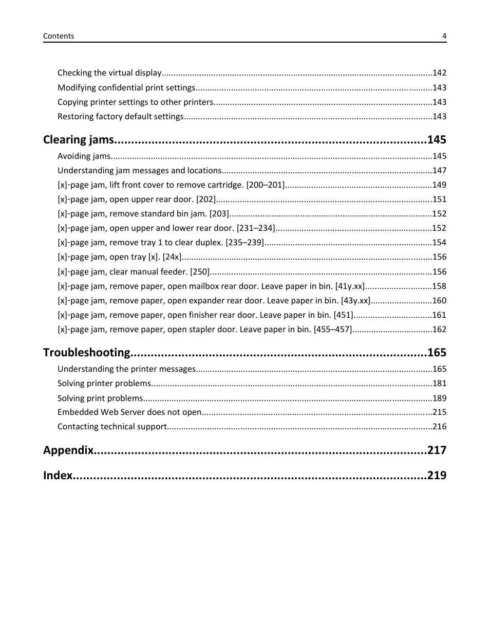 Clearing jams, Troubleshooting, Appendix index | Dell B5460dn Mono Laser Printer User Manual | Page 4 / 226