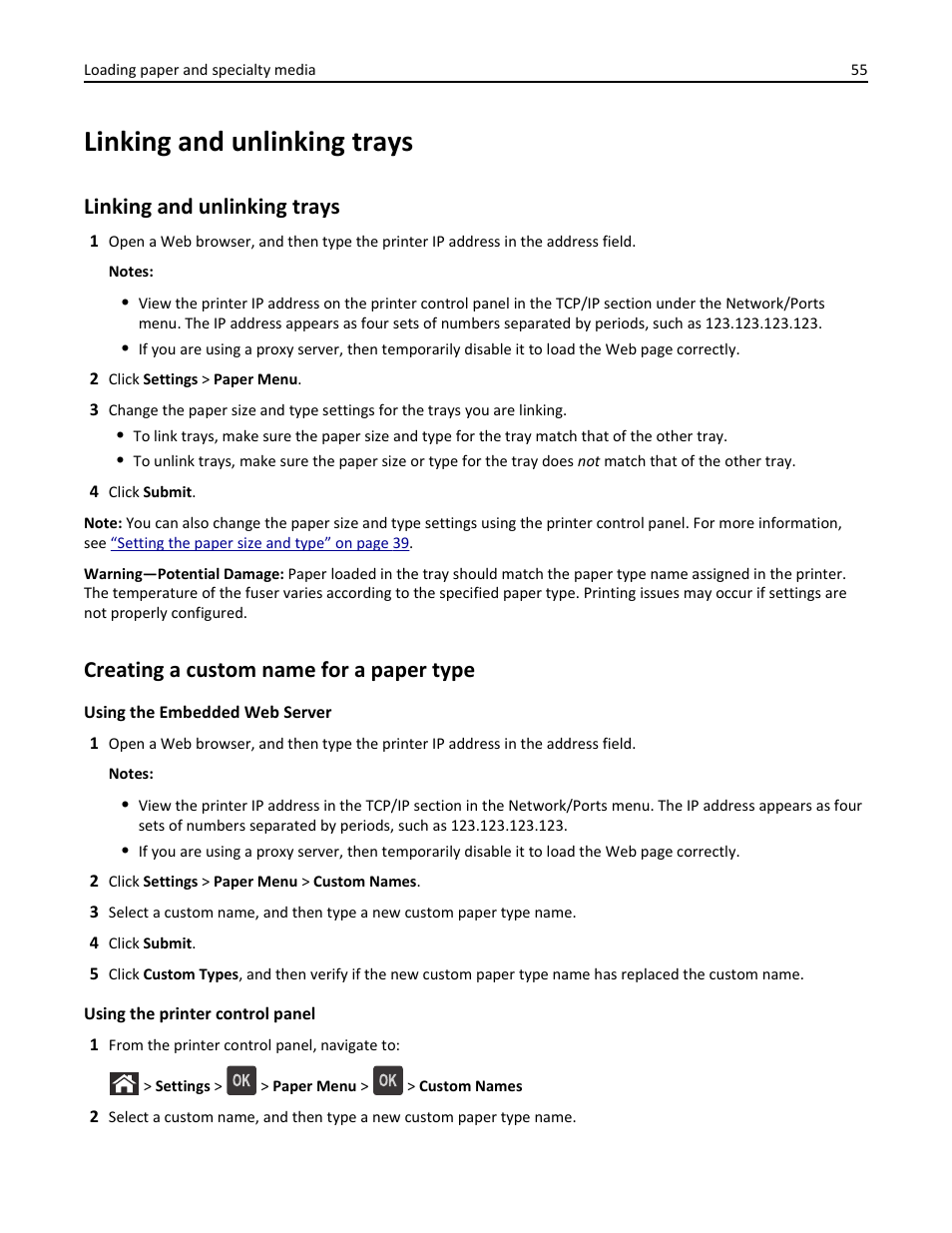 Linking and unlinking trays, Creating a custom name for a paper type | Dell B5460dn Mono Laser Printer User Manual | Page 55 / 226
