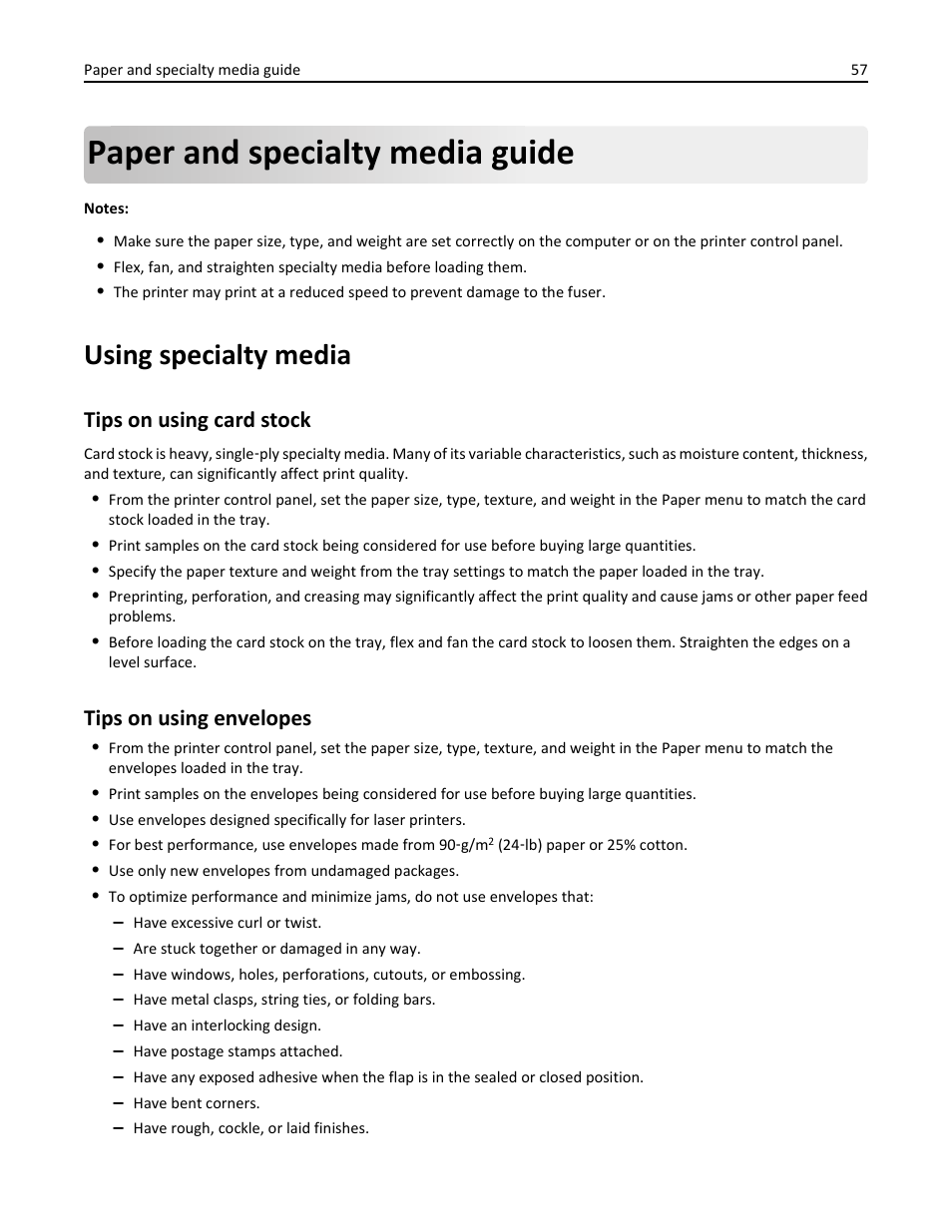 Paper and specialty media guide, Using specialty media, Tips on using card stock | Tips on using envelopes | Dell B5460dn Mono Laser Printer User Manual | Page 57 / 226