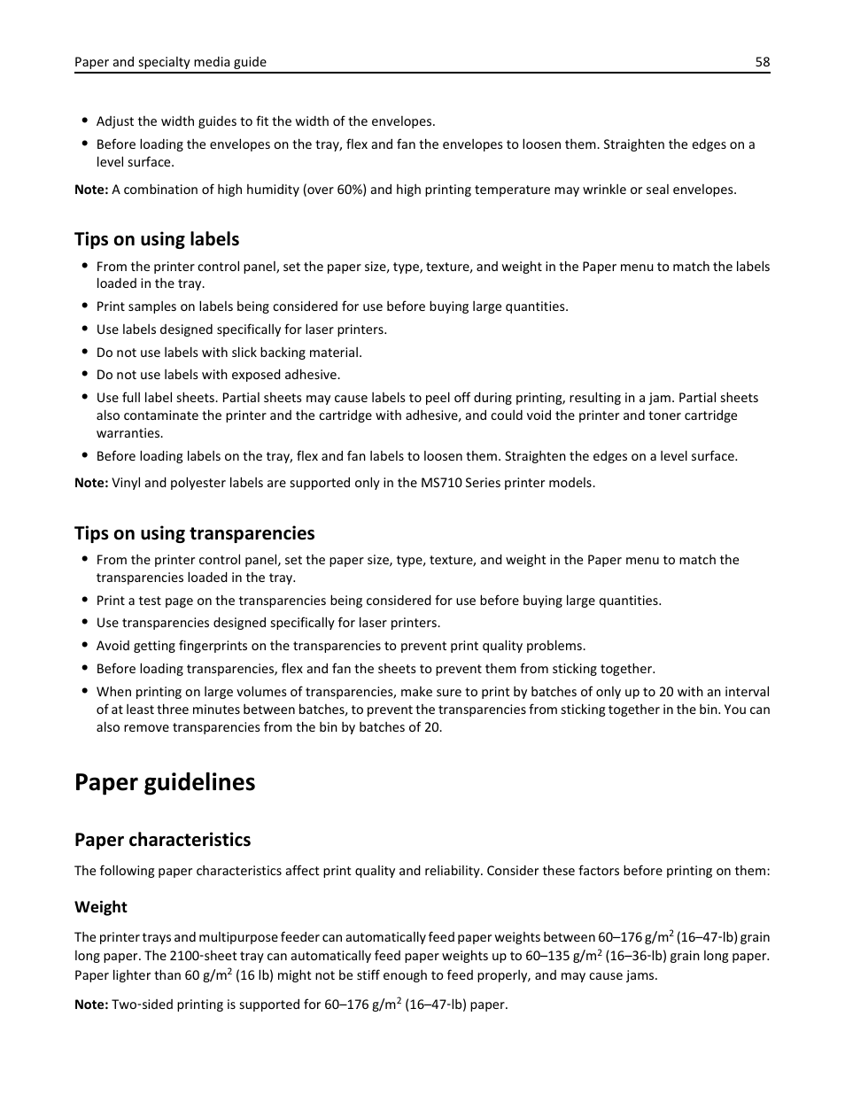 Tips on using labels, Tips on using transparencies, Paper guidelines | Paper characteristics | Dell B5460dn Mono Laser Printer User Manual | Page 58 / 226