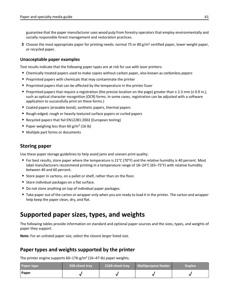 Storing paper, Supported paper sizes, types, and weights, Paper types and weights supported by the printer | Dell B5460dn Mono Laser Printer User Manual | Page 61 / 226