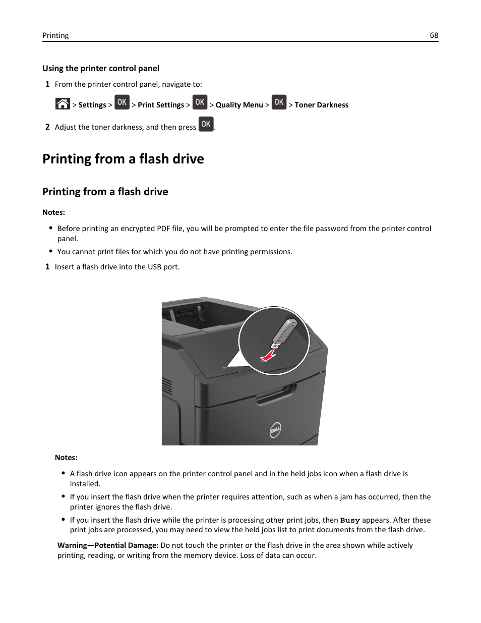 Printing from a flash drive | Dell B5460dn Mono Laser Printer User Manual | Page 68 / 226