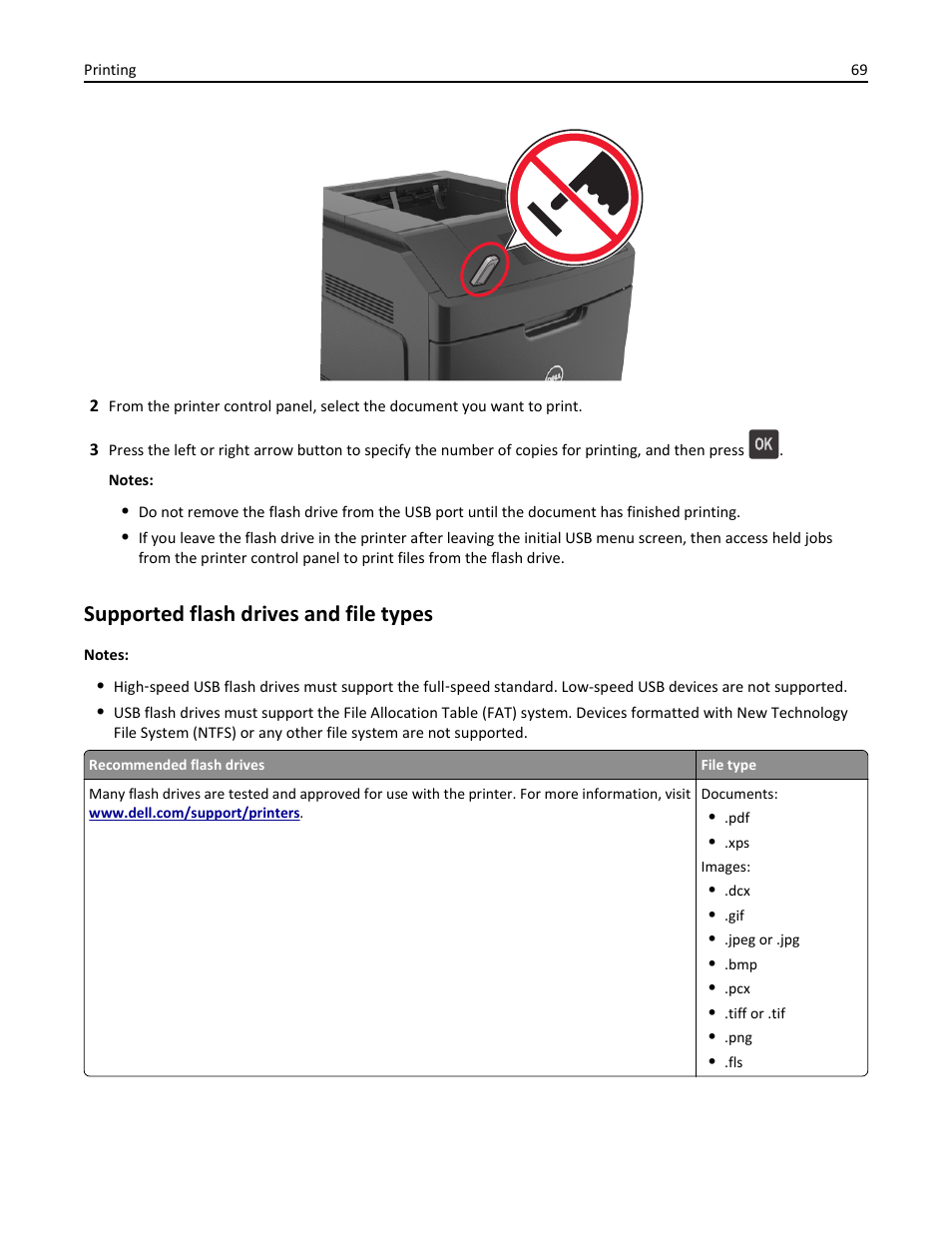 Supported flash drives and file types | Dell B5460dn Mono Laser Printer User Manual | Page 69 / 226