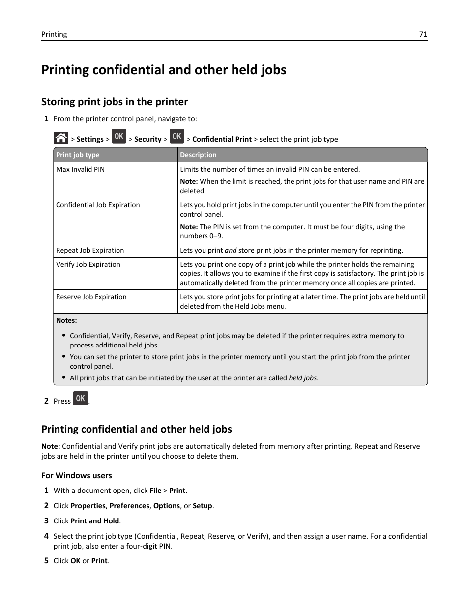 Printing confidential and other held jobs, Storing print jobs in the printer | Dell B5460dn Mono Laser Printer User Manual | Page 71 / 226