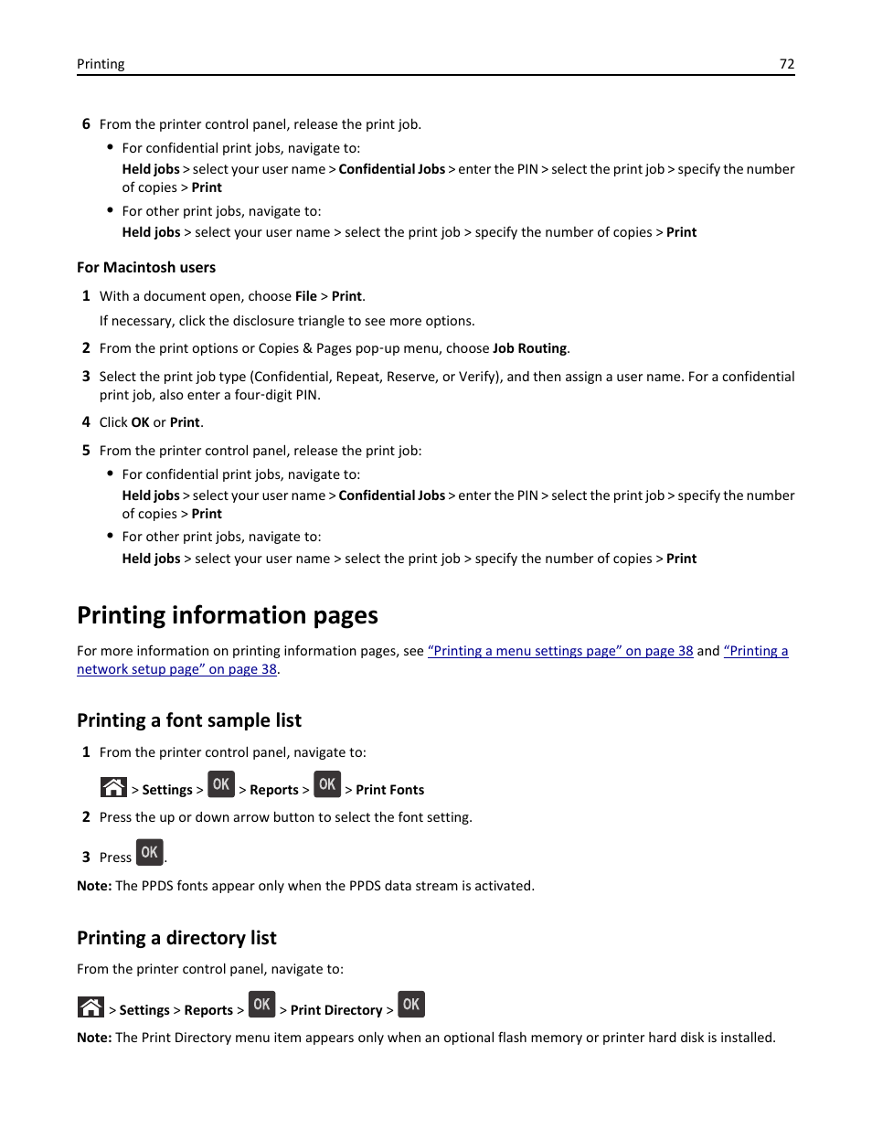 Printing a font sample list, Printing a directory list, Printing information pages | Dell B5460dn Mono Laser Printer User Manual | Page 72 / 226