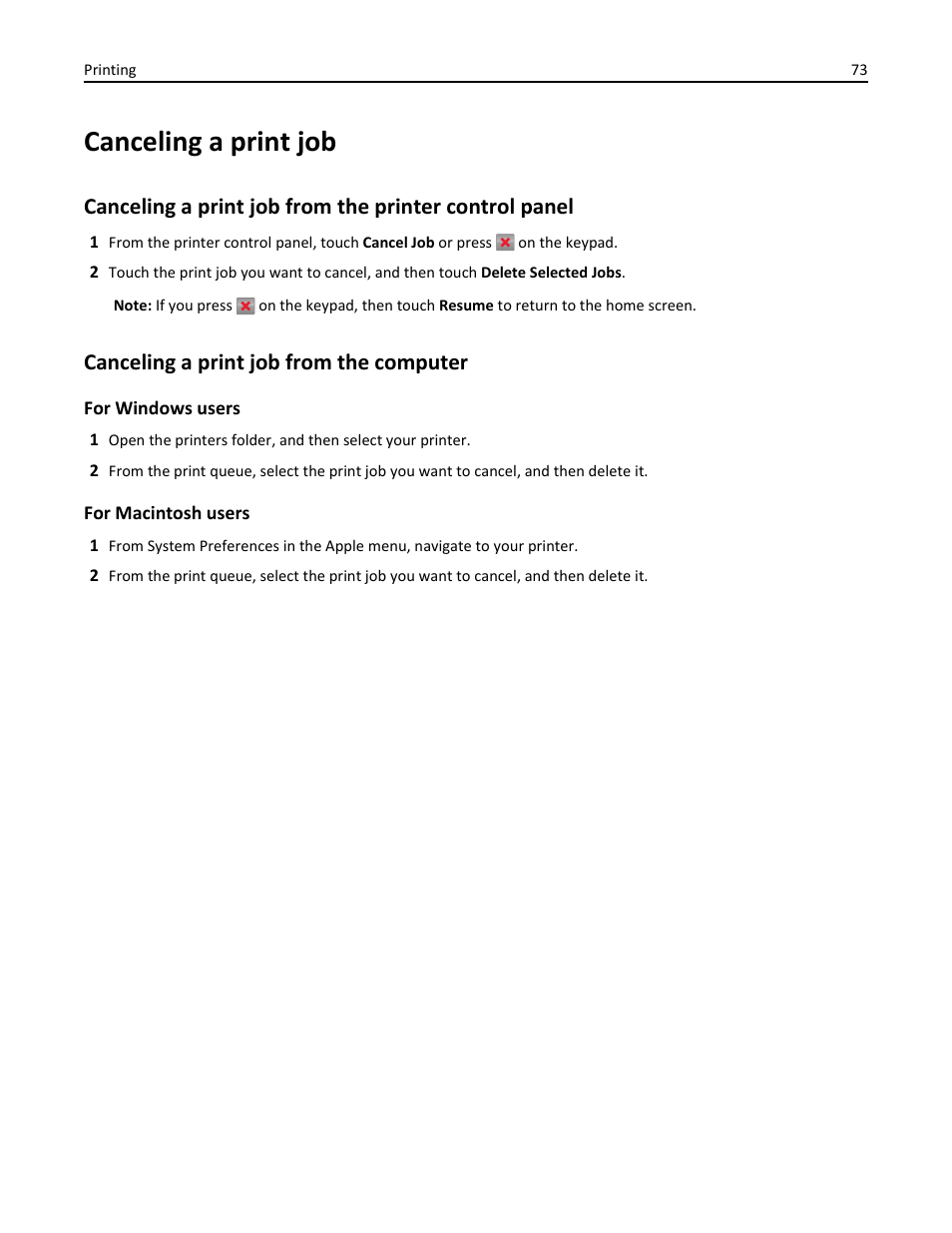 Canceling a print job, Canceling a print job from the computer | Dell B5460dn Mono Laser Printer User Manual | Page 73 / 226