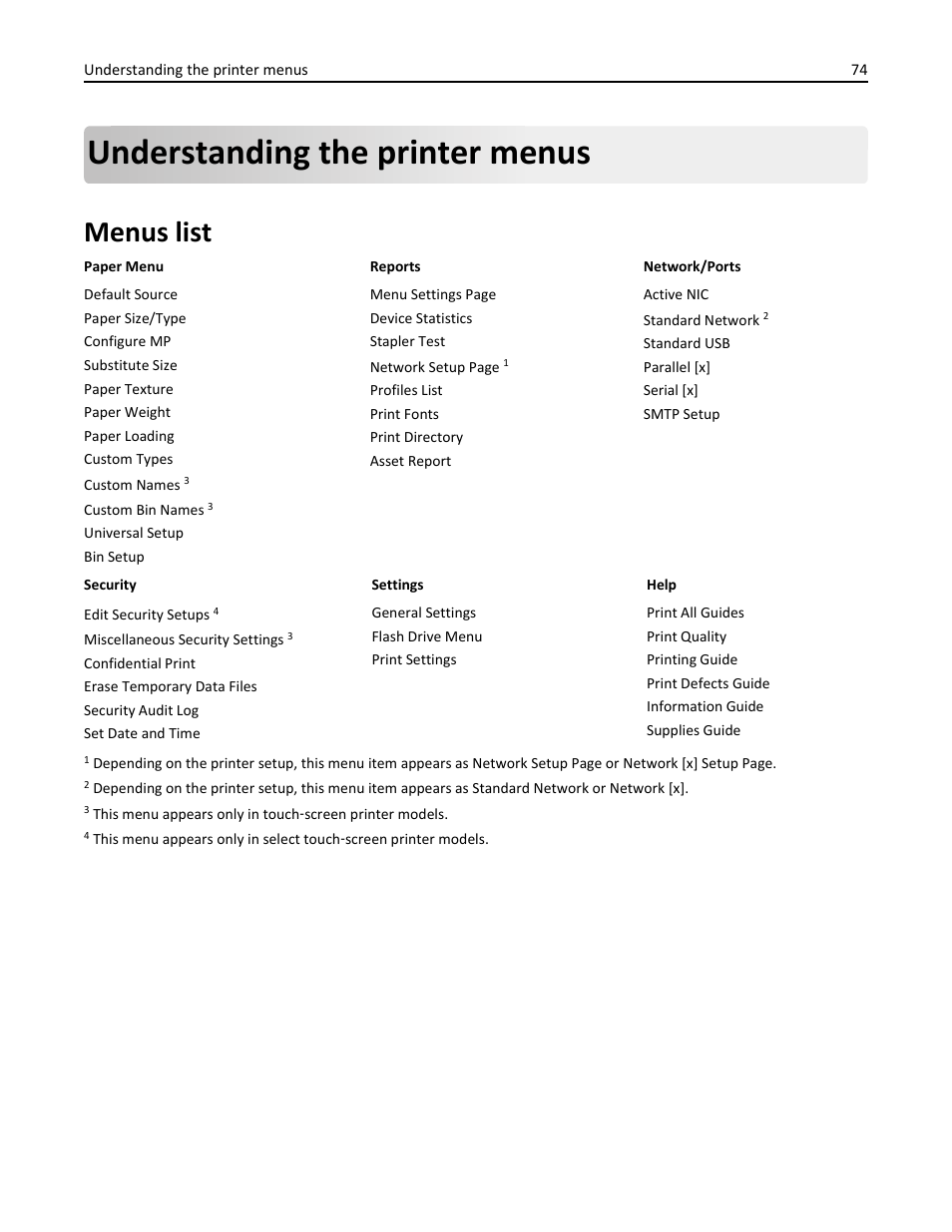 Understanding the printer menus, Menus list | Dell B5460dn Mono Laser Printer User Manual | Page 74 / 226