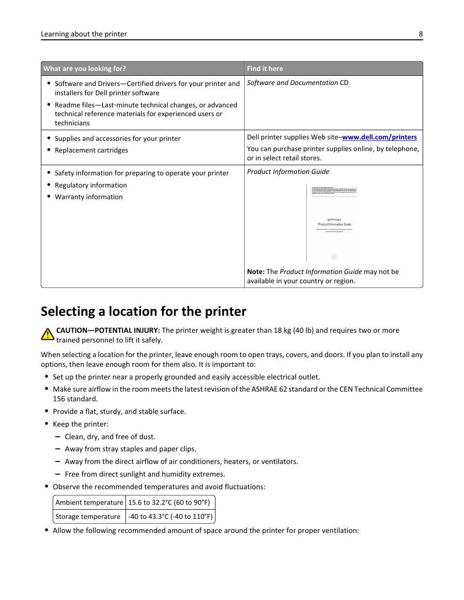 Selecting a location for the printer | Dell B5460dn Mono Laser Printer User Manual | Page 8 / 226