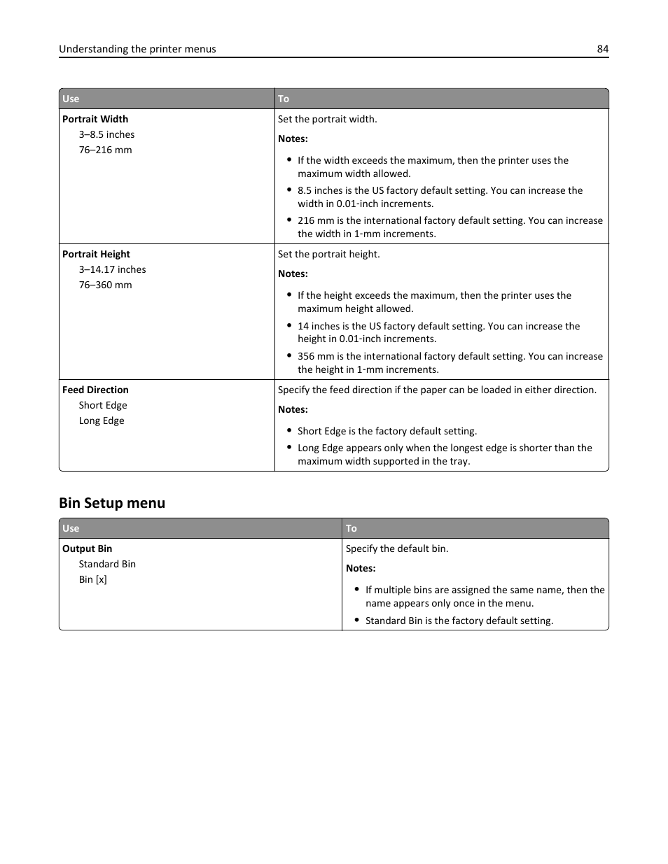 Bin setup menu | Dell B5460dn Mono Laser Printer User Manual | Page 84 / 226