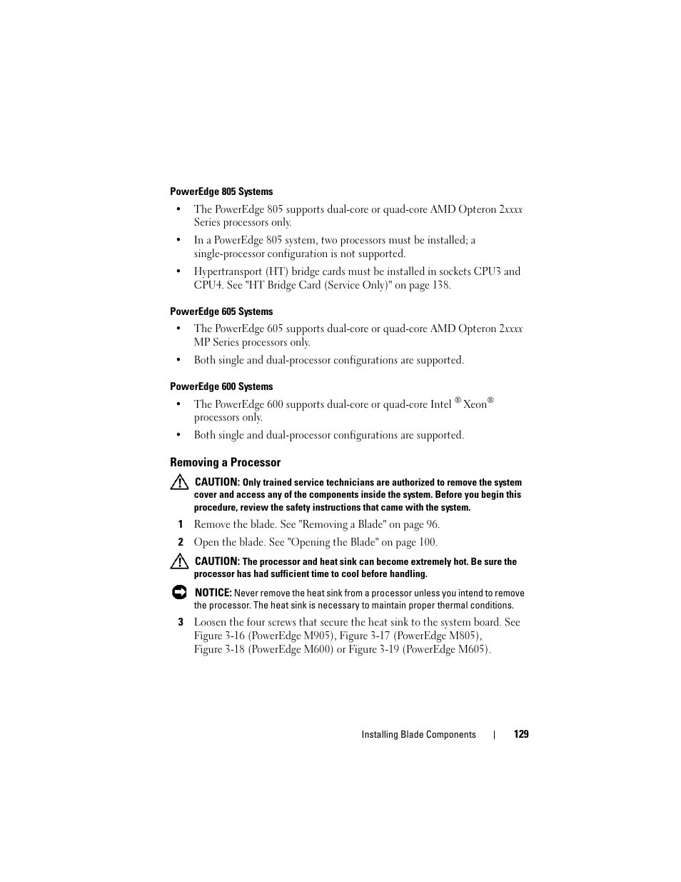 Removing a processor | Dell POWEREDGE M905 User Manual | Page 129 / 236