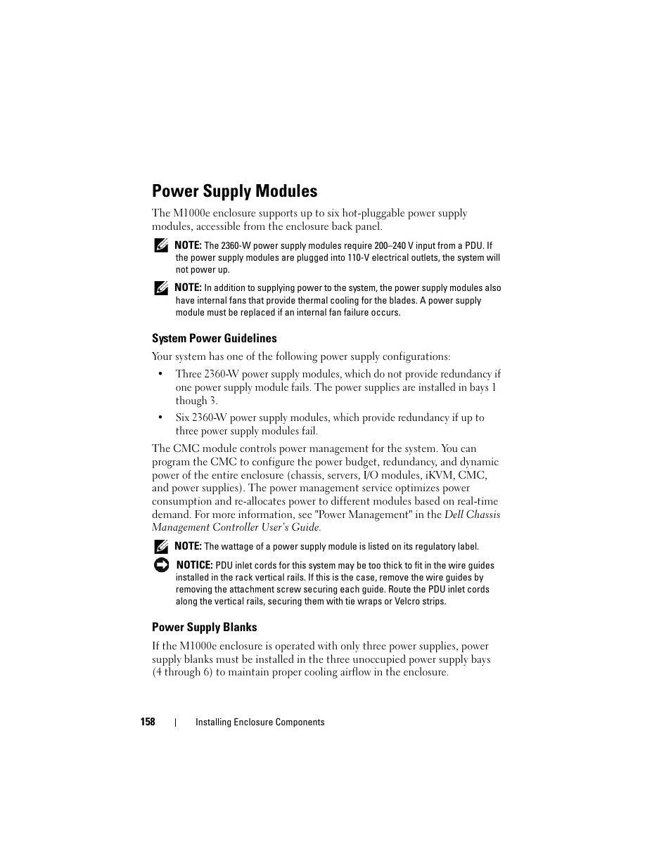 Power supply modules, System power guidelines, Power supply blanks | Dell POWEREDGE M905 User Manual | Page 158 / 236