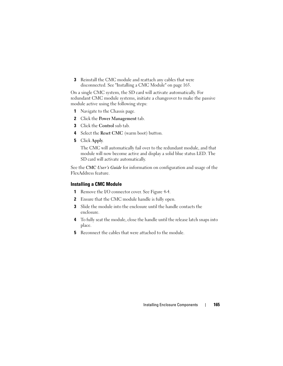 Installing a cmc module | Dell POWEREDGE M905 User Manual | Page 165 / 236