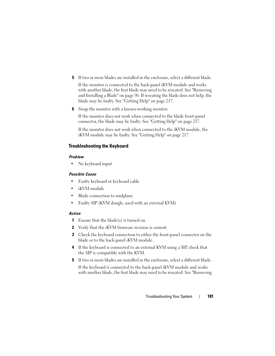 Troubleshooting the keyboard | Dell POWEREDGE M905 User Manual | Page 181 / 236