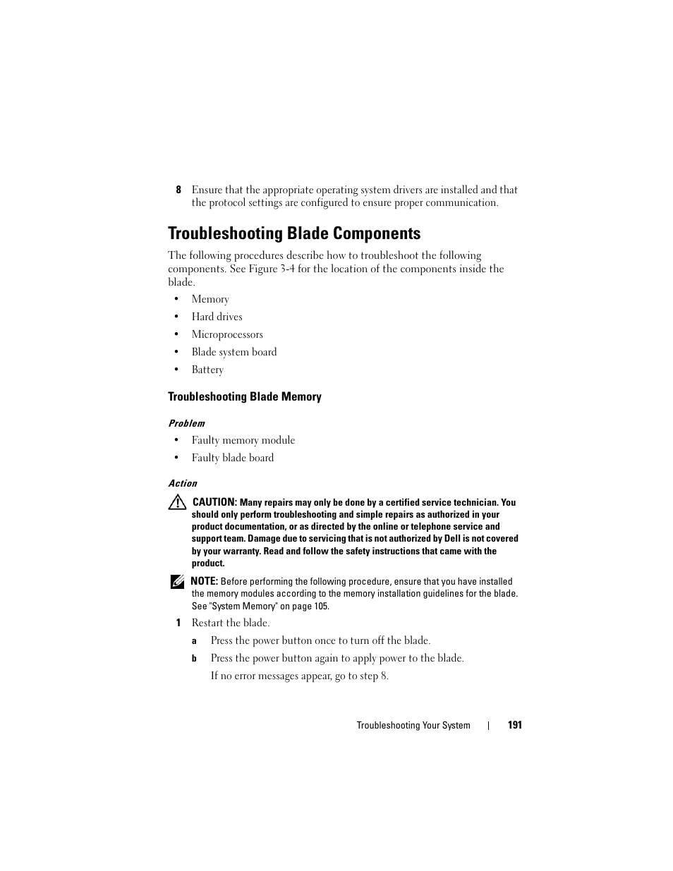 Troubleshooting blade components, Troubleshooting blade memory | Dell POWEREDGE M905 User Manual | Page 191 / 236