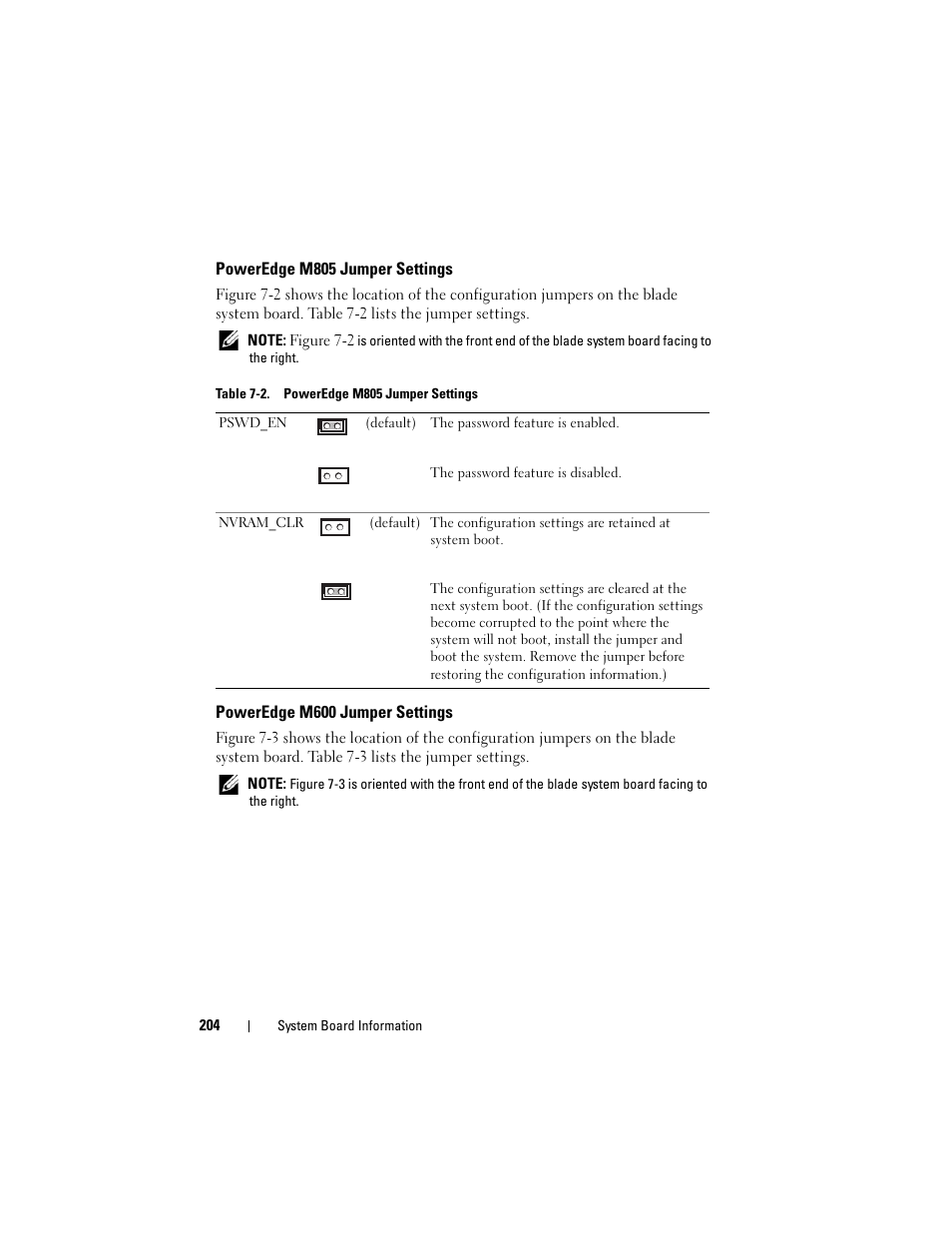 Poweredge m805 jumper settings, Poweredge m600 jumper settings | Dell POWEREDGE M905 User Manual | Page 204 / 236