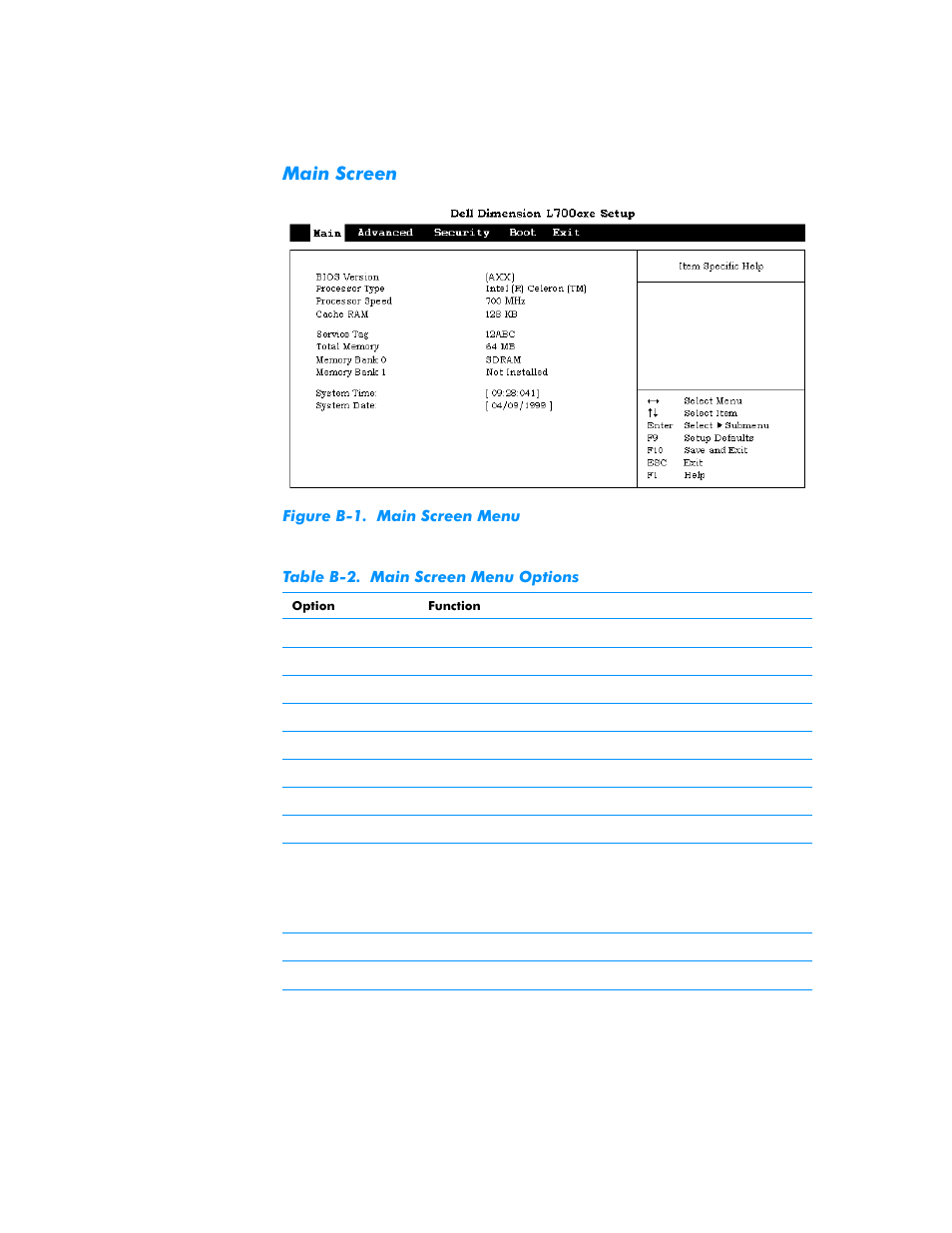 Main screen, Figure b-1, Table b-2 | Main screen menu options | Dell Dimension L___cx User Manual | Page 118 / 162