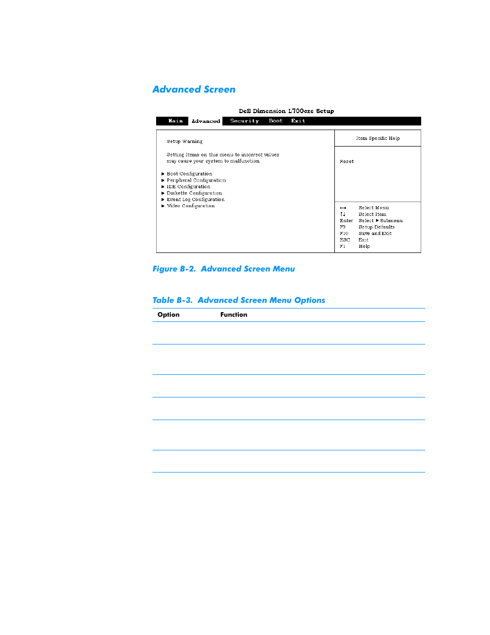 Advanced screen, Figure b-2, Table b-3 | Dell Dimension L___cx User Manual | Page 119 / 162
