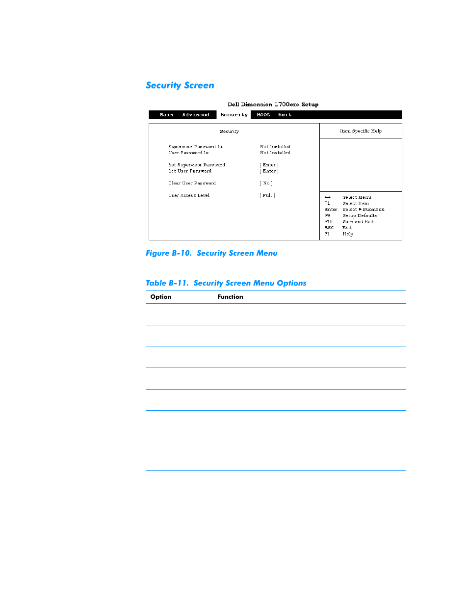 Security screen, Table b-11 | Dell Dimension L___cx User Manual | Page 127 / 162