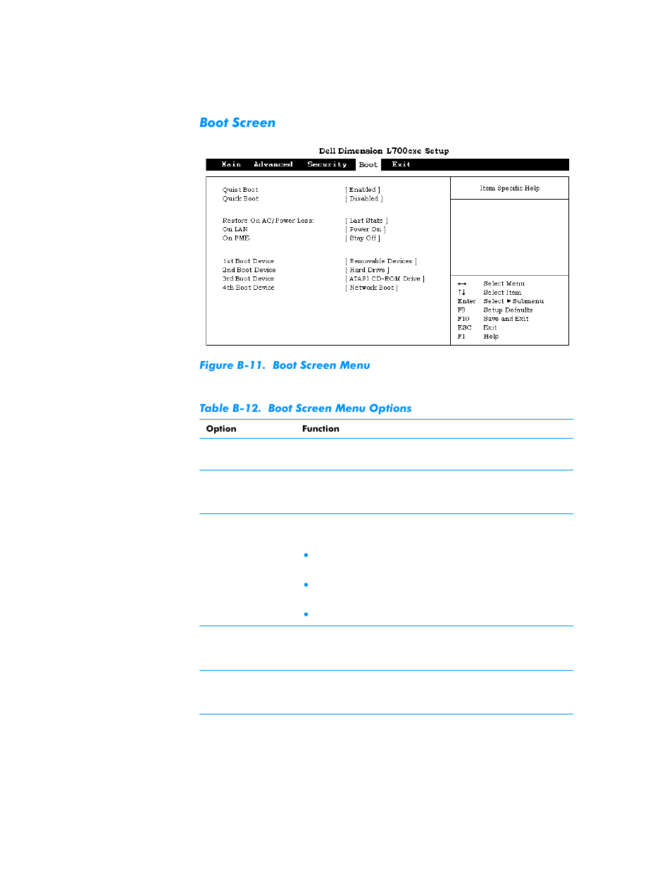 Boot screen, Table b-12 | Dell Dimension L___cx User Manual | Page 128 / 162