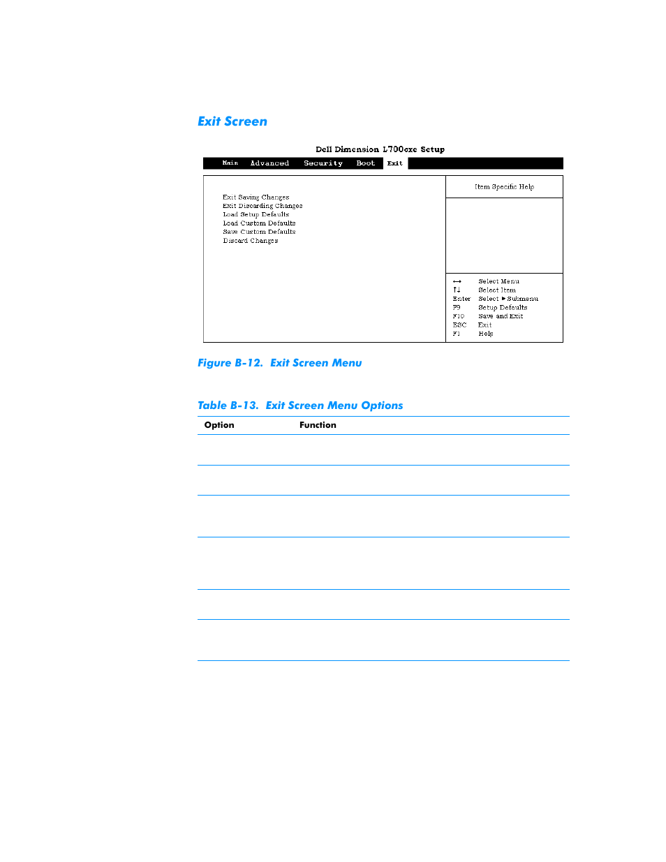 Exit screen, Table b-13 | Dell Dimension L___cx User Manual | Page 130 / 162