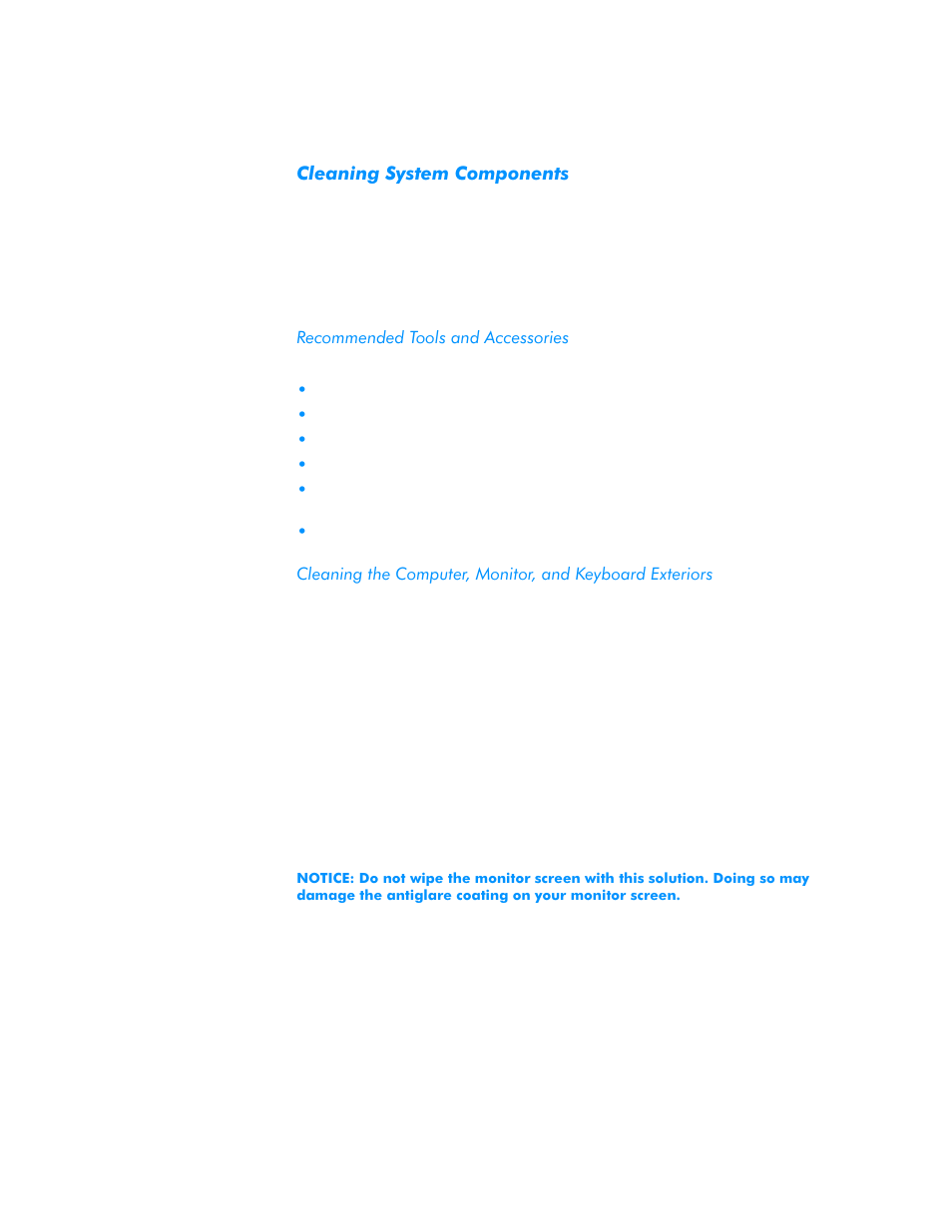 Cleaning system components, Recommended tools and accessories, Cleaning system components -5 | Recommended tools and accessories -5, Monitor, and keyboard exteriors -5 | Dell Dimension L___cx User Manual | Page 21 / 162