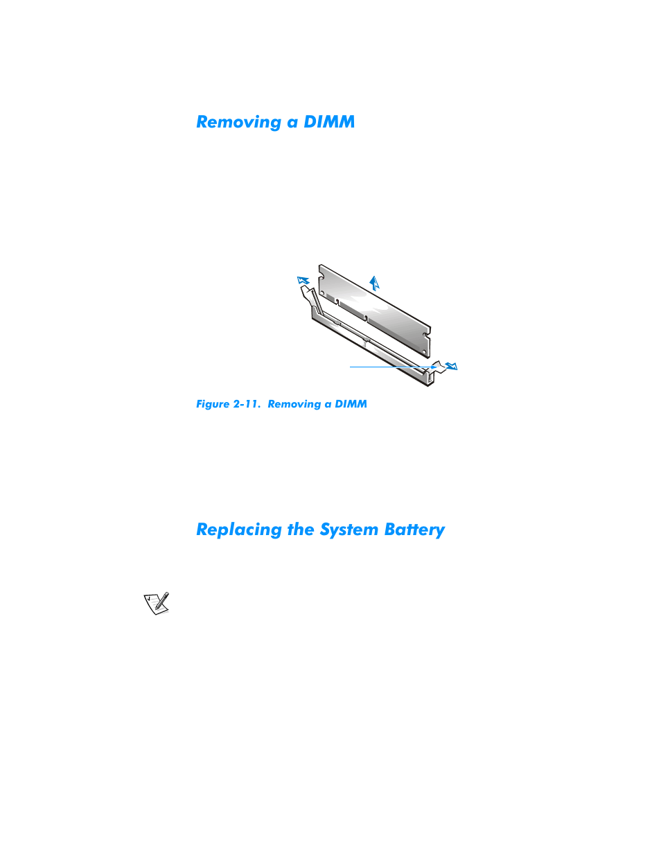 Removing a dimm, Replacing the system battery, Removing a dimm -16 | Replacing the system battery -16, Figure 2-11. removing a dimm -16 | Dell Dimension L___cx User Manual | Page 40 / 162