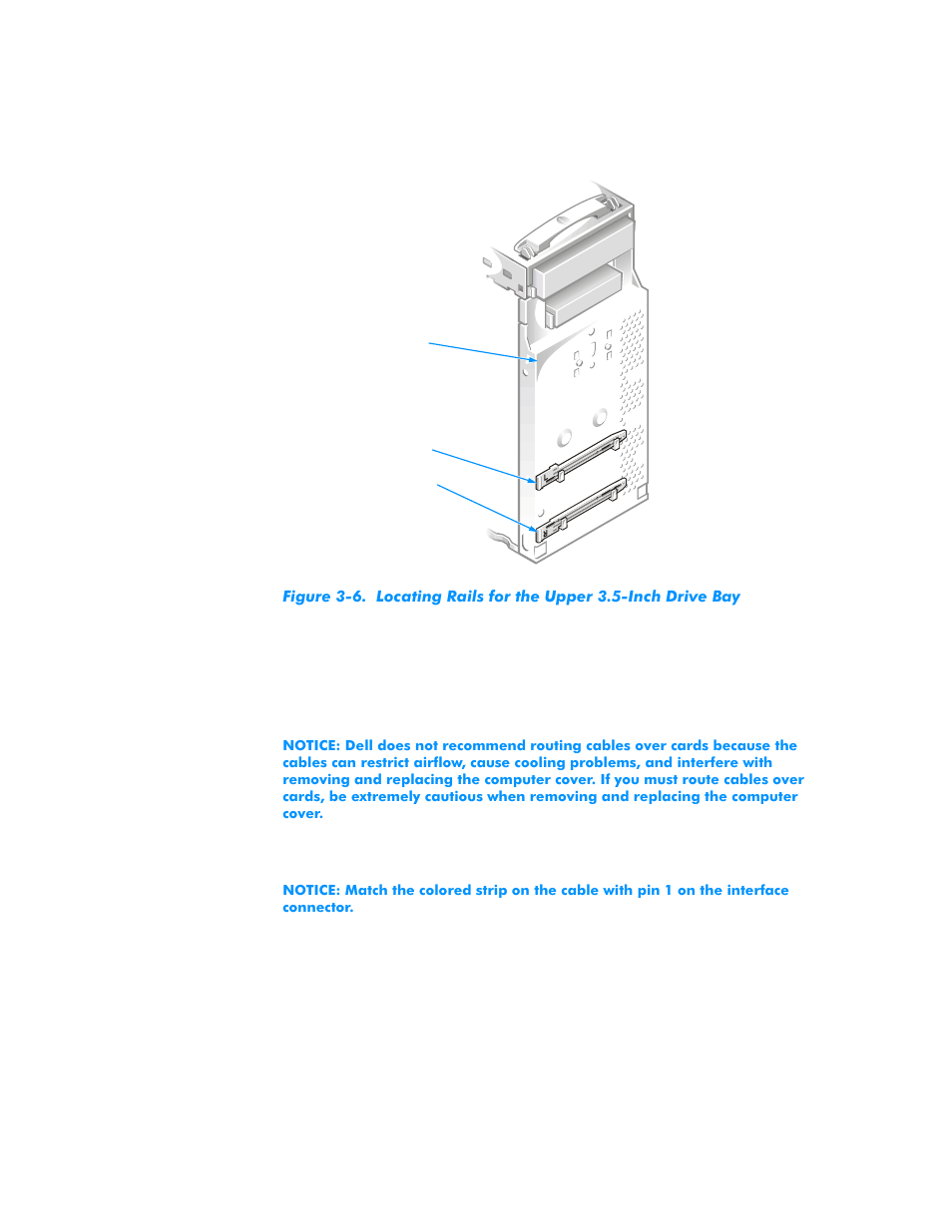 Figure 3-6, Locating rails for the upper 3.5-inch drive bay, Upper 3.5-inch drive bay -8 | Dell Dimension L___cx User Manual | Page 50 / 162