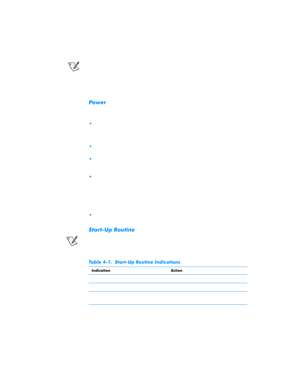 Power, Start-up routine, Power -3 | Start-up routine -3, Figures, Table 4-1, Start-up routine indications, Routine indications -3 | Dell Dimension L___cx User Manual | Page 57 / 162