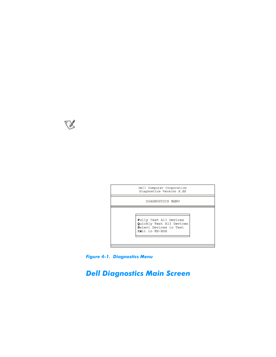 Dell diagnostics main screen, Main screen -11, Figure 4-1 | Diagnostics menu, Menu -11 | Dell Dimension L___cx User Manual | Page 65 / 162